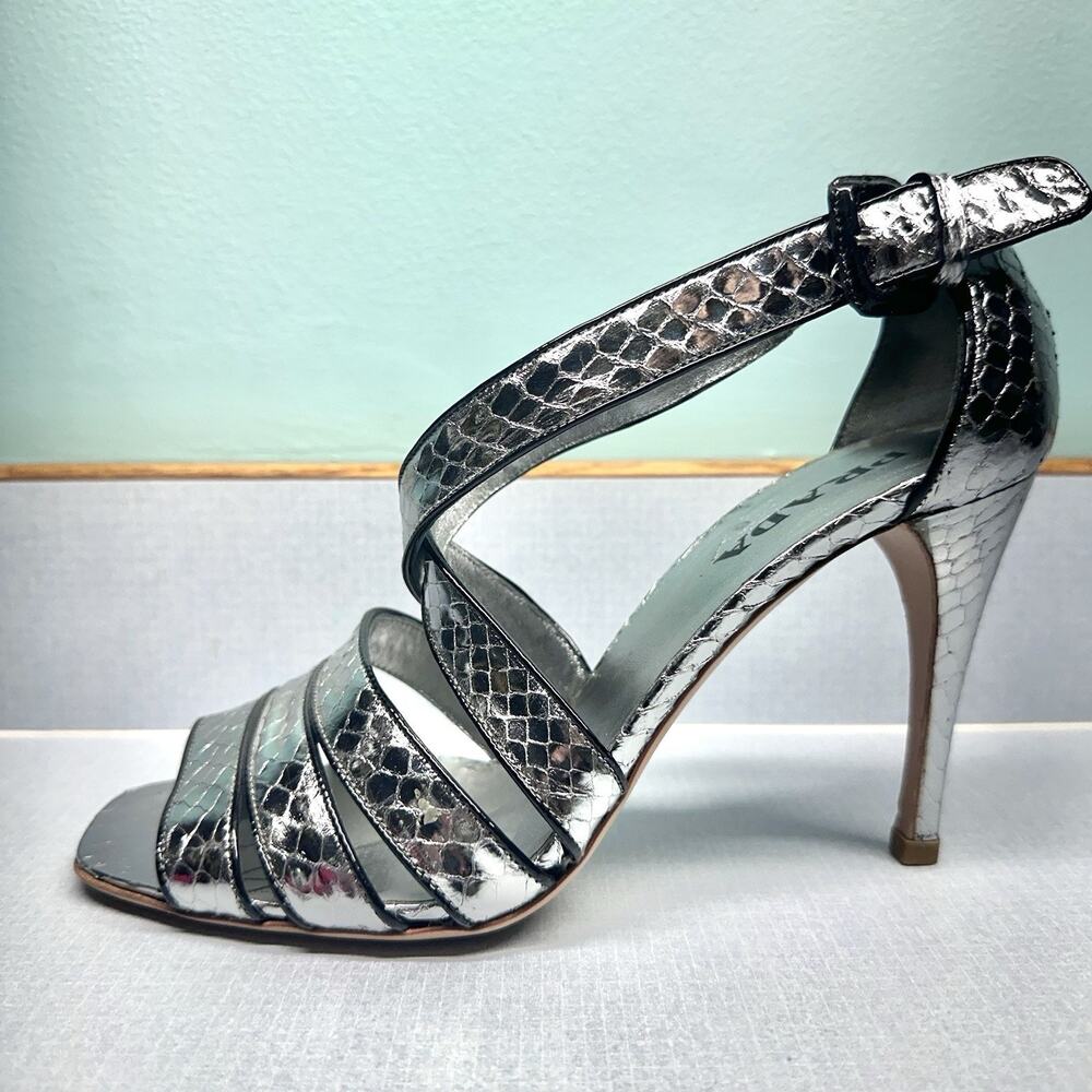 PRADA Silver Snakeskin Strappy Sandals Heels Size 38 (US 7.5) -Authenticated - Picture 10 of 16